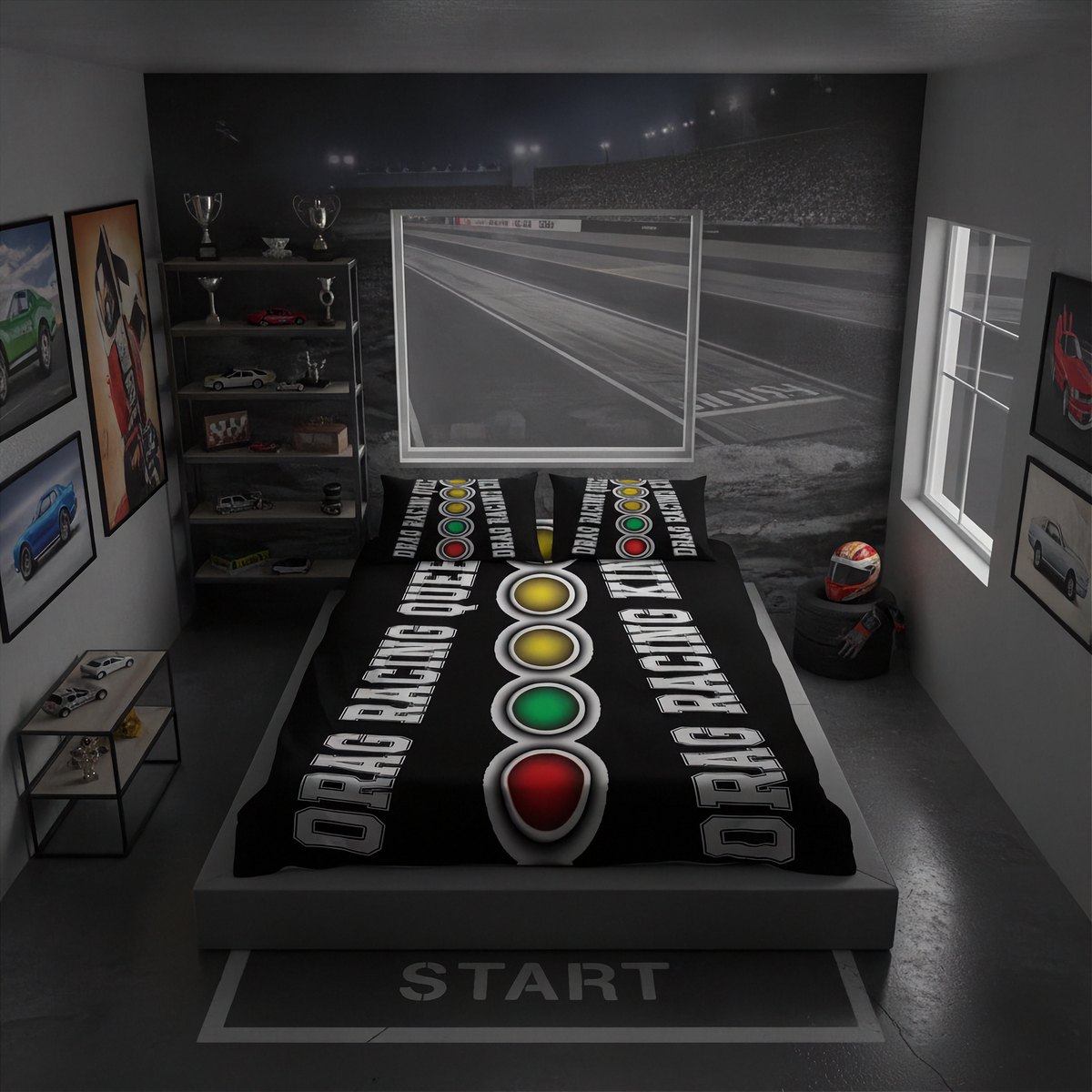 A racing-themed bedding set featuring a black duvet cover and matching pillowcases with a track layout, start line, and traffic light design, displayed in a dark, modern bedroom setting.