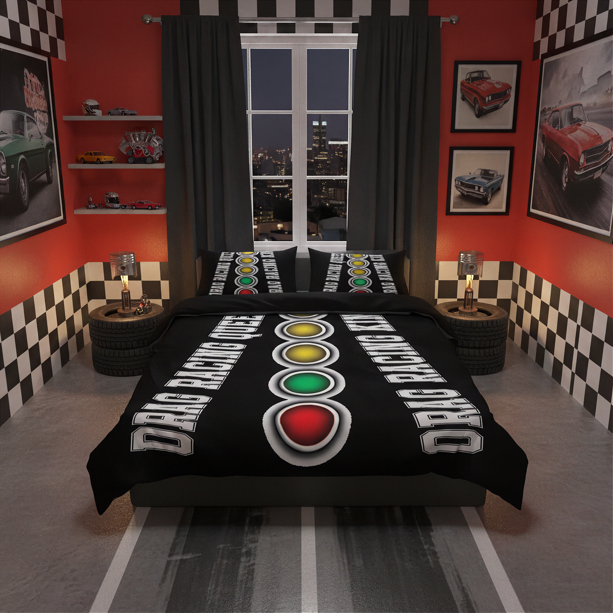 A black bedding set with a 'Drag racing king & queen' traffic light graphic is displayed on a bed in a themed bedroom with red walls, checkered accents, and car posters.