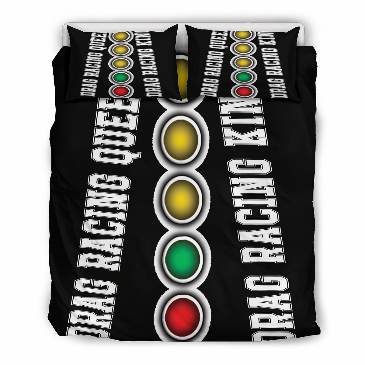 A black bedding set, including a duvet cover and two pillowcases, featuring a drag racing theme with the words 'DRAG RACING QUEEN' and 'DRAG RACING KING' in white text alongside a vertical sequence of yellow, gold, green, and red oval lights on a white background.