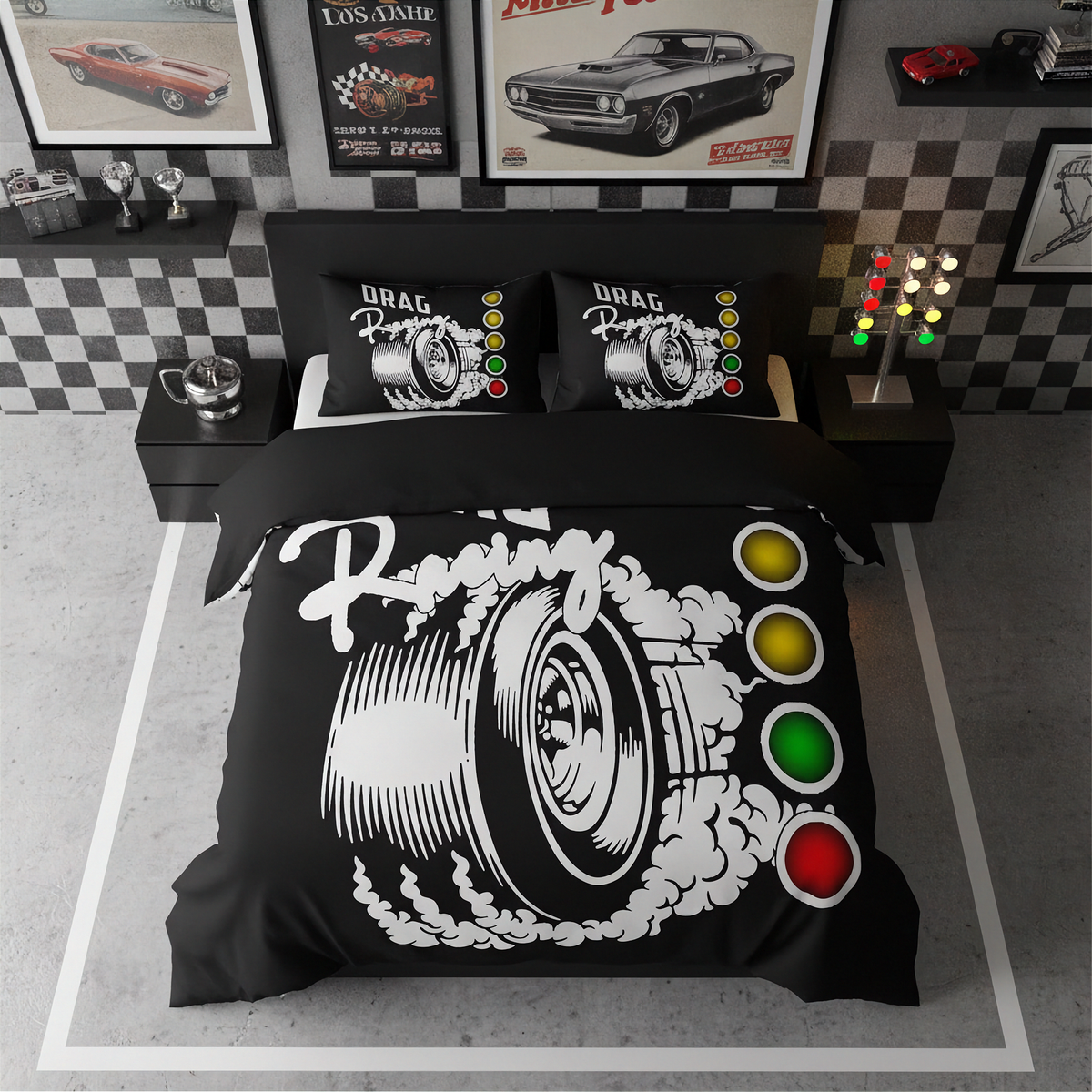A black bedding set with a racing-themed graphic print, including a duvet cover and two matching pillowcases, displayed on a bed in a styled bedroom setting with car posters and checkered wall decor.