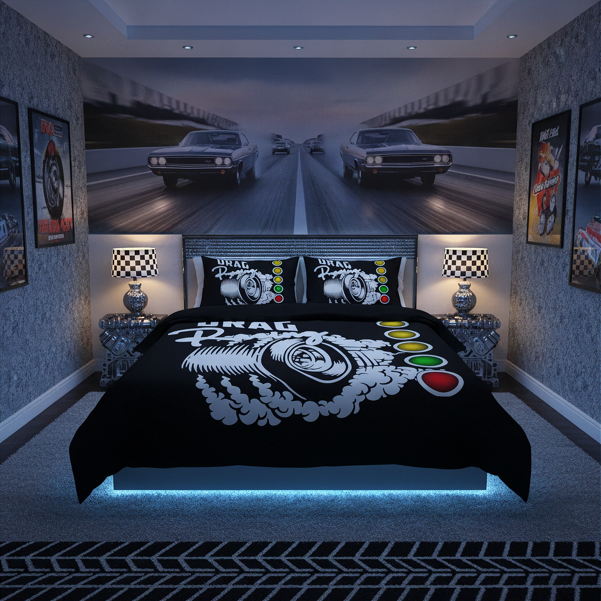 A styled bedroom featuring a large wall mural of classic race cars on a track, with a black bed dressed in a matching black racing-themed duvet cover and two matching pillows. The bedding has a white engine graphic and red, yellow, and green flag stripes.