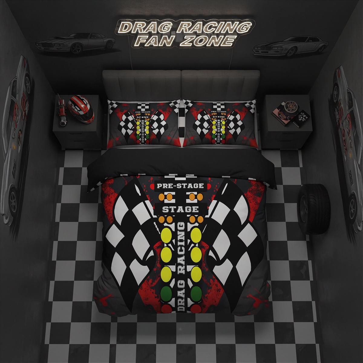 A top-down view of a drag racing themed bedding set in a dark gray bedroom. The set includes a duvet cover and two matching pillowcases featuring a checkered flag pattern, yellow and green track lights, and 'PRE-STAGE DRAG RACING' text.