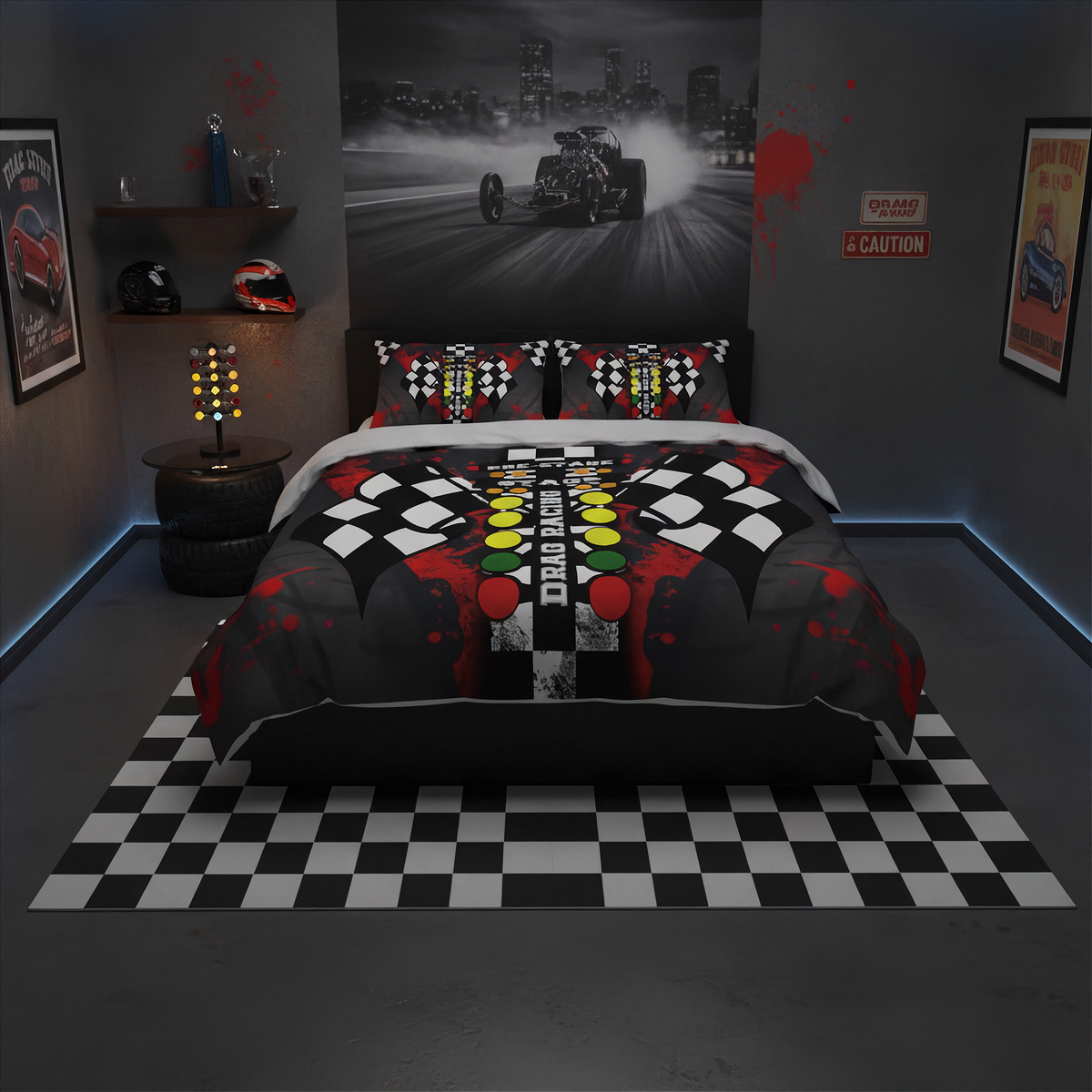 A racing-themed bedding set displayed on a bed in a dark, modern bedroom. The set includes a duvet cover and two matching pillowcases featuring a black and white checkered pattern, red paint splatters, and a central graphic with the words 'Racing Dream Team' and a colorful vertical stripe design.