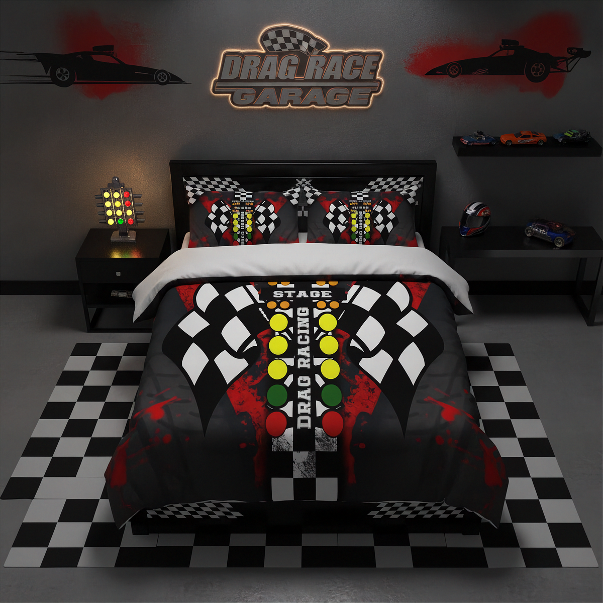A racing-themed bedding set displayed on a bed in a styled bedroom. The comforter and matching pillow shams feature a black and white checkered flag pattern with a central vertical column of red, yellow, and green race lights, plus 'DRAG RACE' and 'STAGE 1' text.