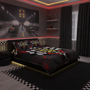 A racing-themed bedding set with a black, red, and yellow checkered pattern, styled on a bed in a dark, modern bedroom with a matching racing wall mural and checkered floor rug.
