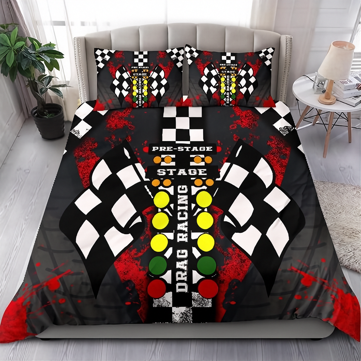 A bedding set featuring a duvet cover and two pillowcases with a drag racing theme, displayed on a bed in a styled bedroom. The design includes a black and white checkered flag motif, a drag racing control panel graphic with yellow, green, and red buttons, and red paint splatters on a black background.