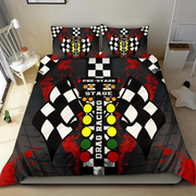 A bedding set featuring a duvet cover and two matching pillowcases with a drag racing theme. The design includes a black and white checkered pattern, red paint splatters, and colorful control panel graphics with yellow, green, and red buttons on a gray background.