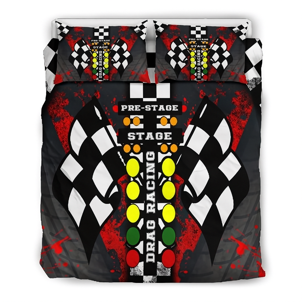 A racing-themed bedding set featuring a duvet cover and two pillowcases with a bold drag racing graphic. The design includes black and white checkered flags, a vertical 'DRAG RACING' text motif, a yellow race light sequence, and red paint splatter details on a dark gray background.