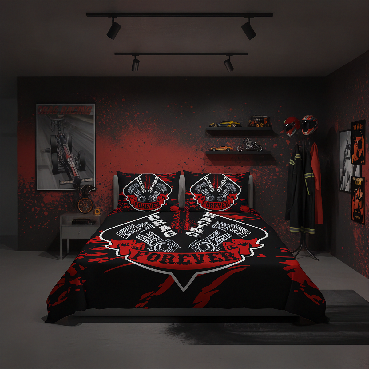 A motorcycle-themed bedding set displayed on a bed in a dark, styled room. The set includes a duvet cover and two matching pillowcases featuring a large red and white engine graphic with the words 'DRAG Racing FOREVER'