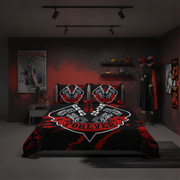 A motorcycle-themed bedding set displayed on a bed in a dark, styled room. The set includes a duvet cover and two matching pillowcases featuring a large red and white engine graphic with the words 'DRAG Racing FOREVER'