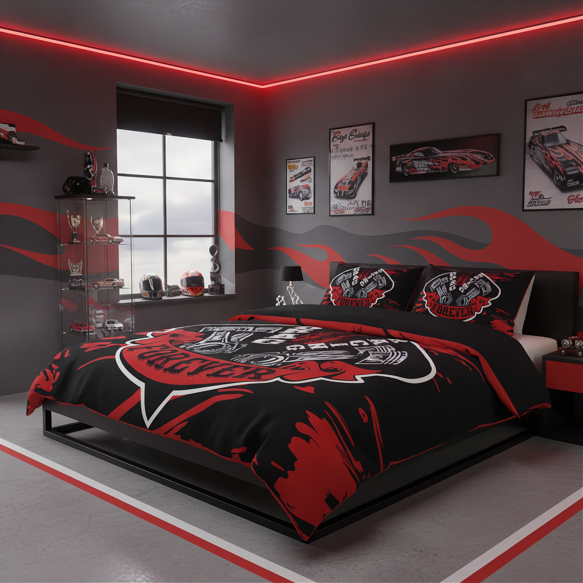 A racing-themed bedding set with a black and red patterned duvet cover and matching pillowcases, styled in a modern gray bedroom with red accent lighting and car posters.
