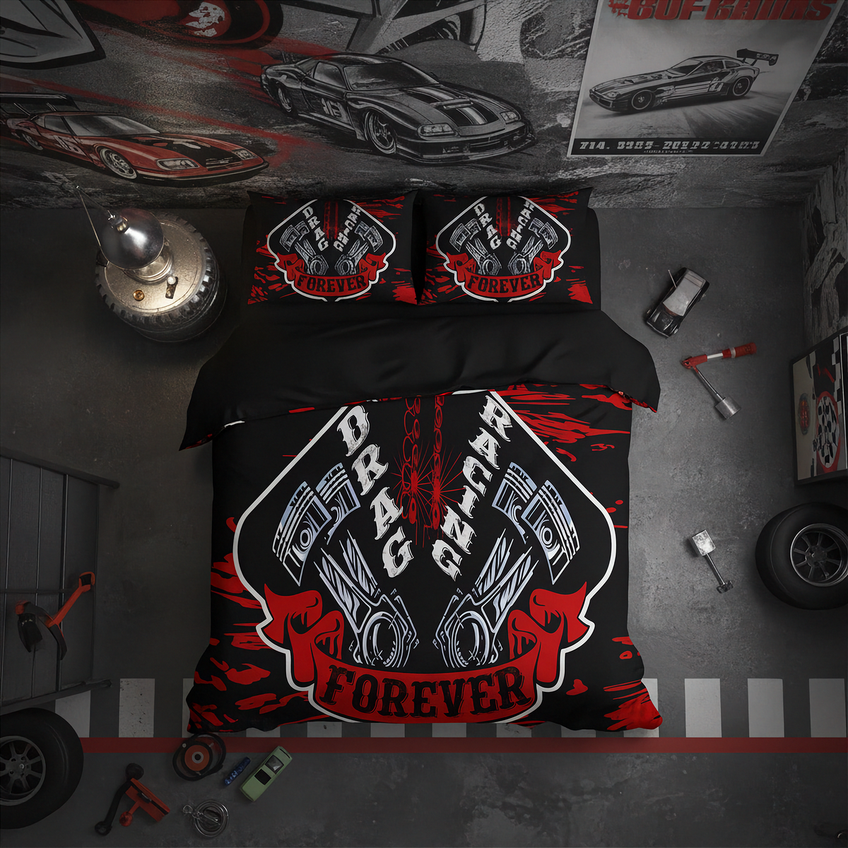 A top-down view of a bed styled in a garage-themed bedroom, featuring a black duvet cover and two matching pillowcases with a red and white 'Drag Car Forever' graphic design. The room is decorated with car posters, toy cars, and a lamp.