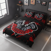 A racing-themed bedding set featuring a black duvet cover and matching pillowcases with a large red and white 'Racing Forever' graphic, styled in a dark gray bedroom setting.
