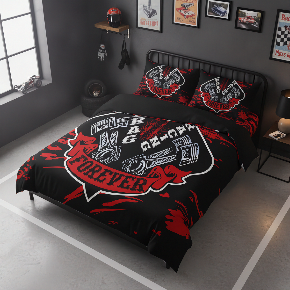 A racing-themed bedding set featuring a black duvet cover and matching pillowcases with a large red and white 'Racing Forever' graphic, styled in a dark gray bedroom setting.