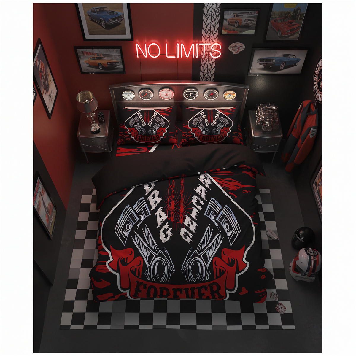 A car-themed bedding set featuring a duvet cover and two pillowcases with a black, red, and white engine design and 'Racing Forever' text, styled in a dark room with a checkered floor, neon sign, and car wall art.
