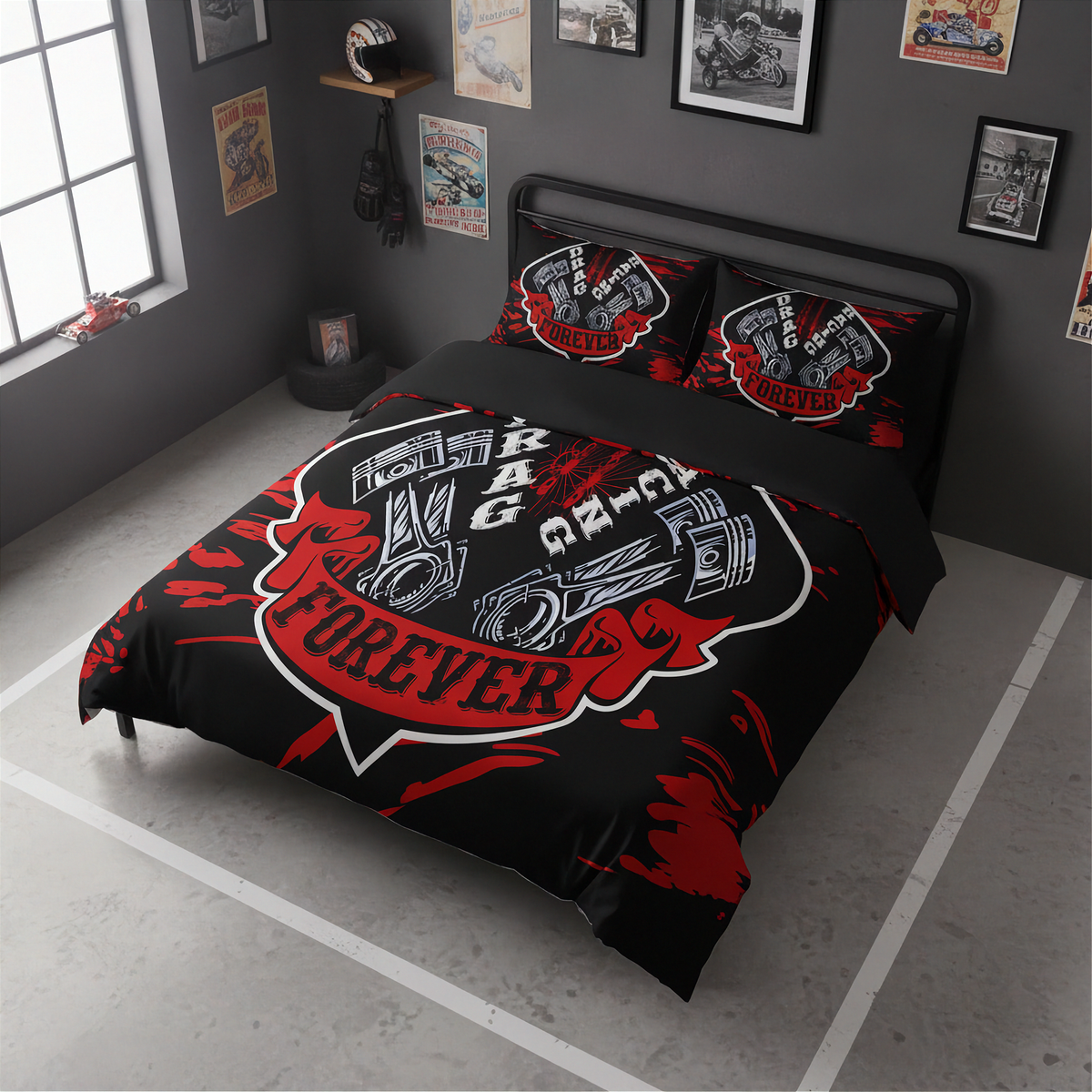 A black bedding set with a red and white racing graphic design, shown on a bed in a dark gray room with framed posters on the wall.