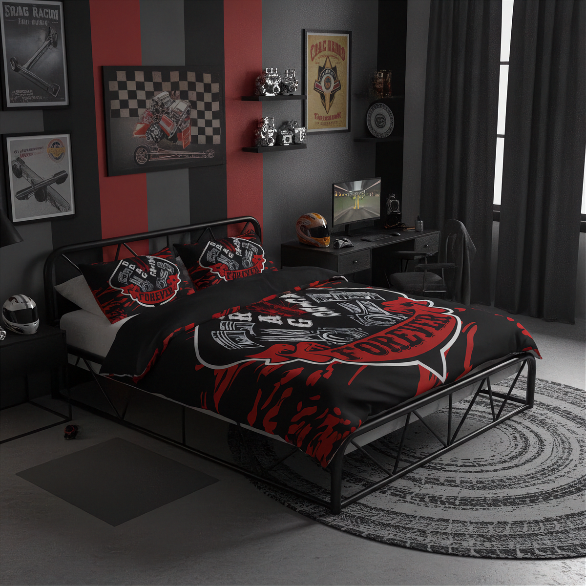 A black metal bed frame dressed in a red and black graphic duvet cover and matching pillowcases, styled in a dark, modern bedroom with racing and motorcycle-themed wall art.