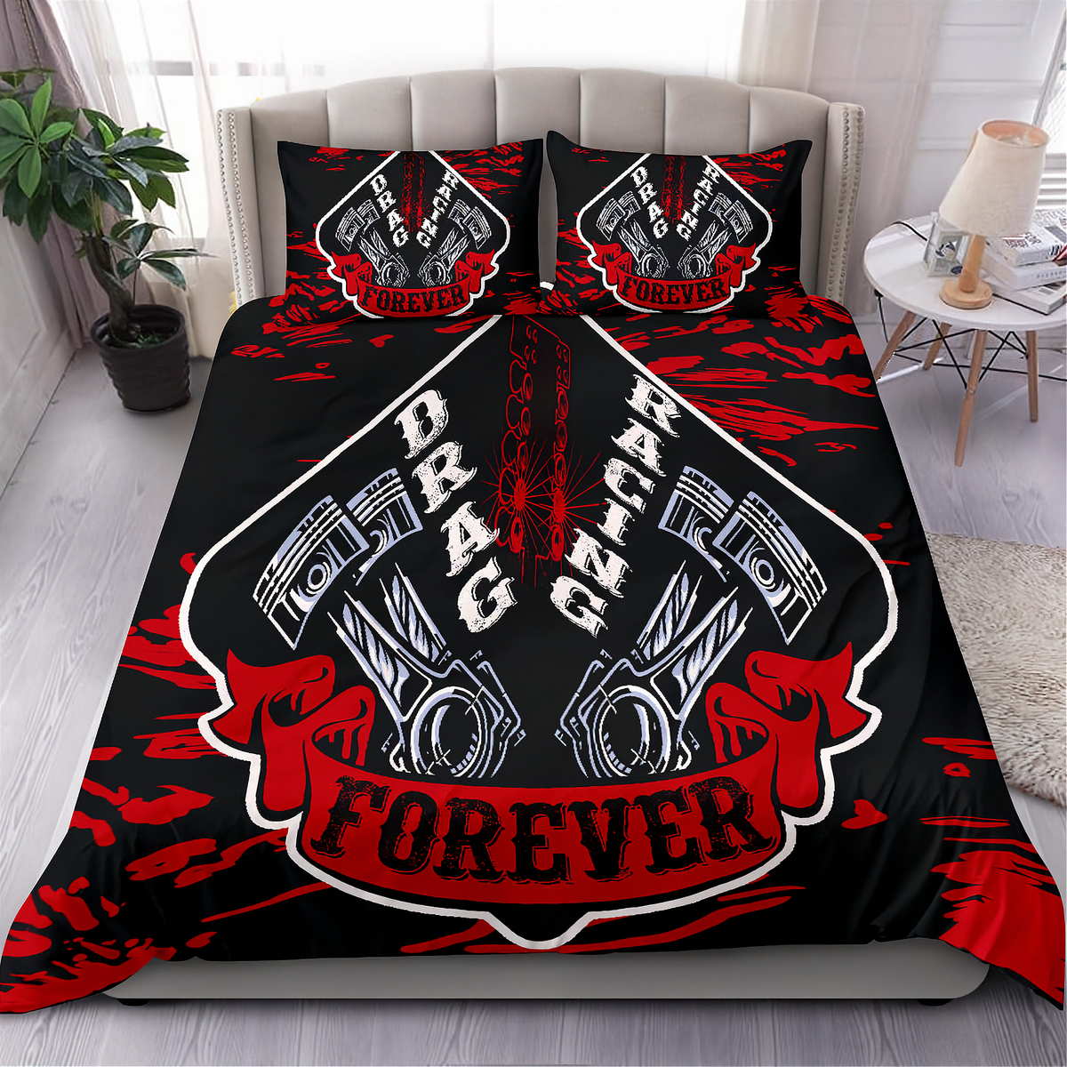 A bedding set featuring a black duvet cover and two matching pillowcases with a bold red and white 'BRAG RACING FOREVER' graphic design, styled on a bed in a modern bedroom setting.