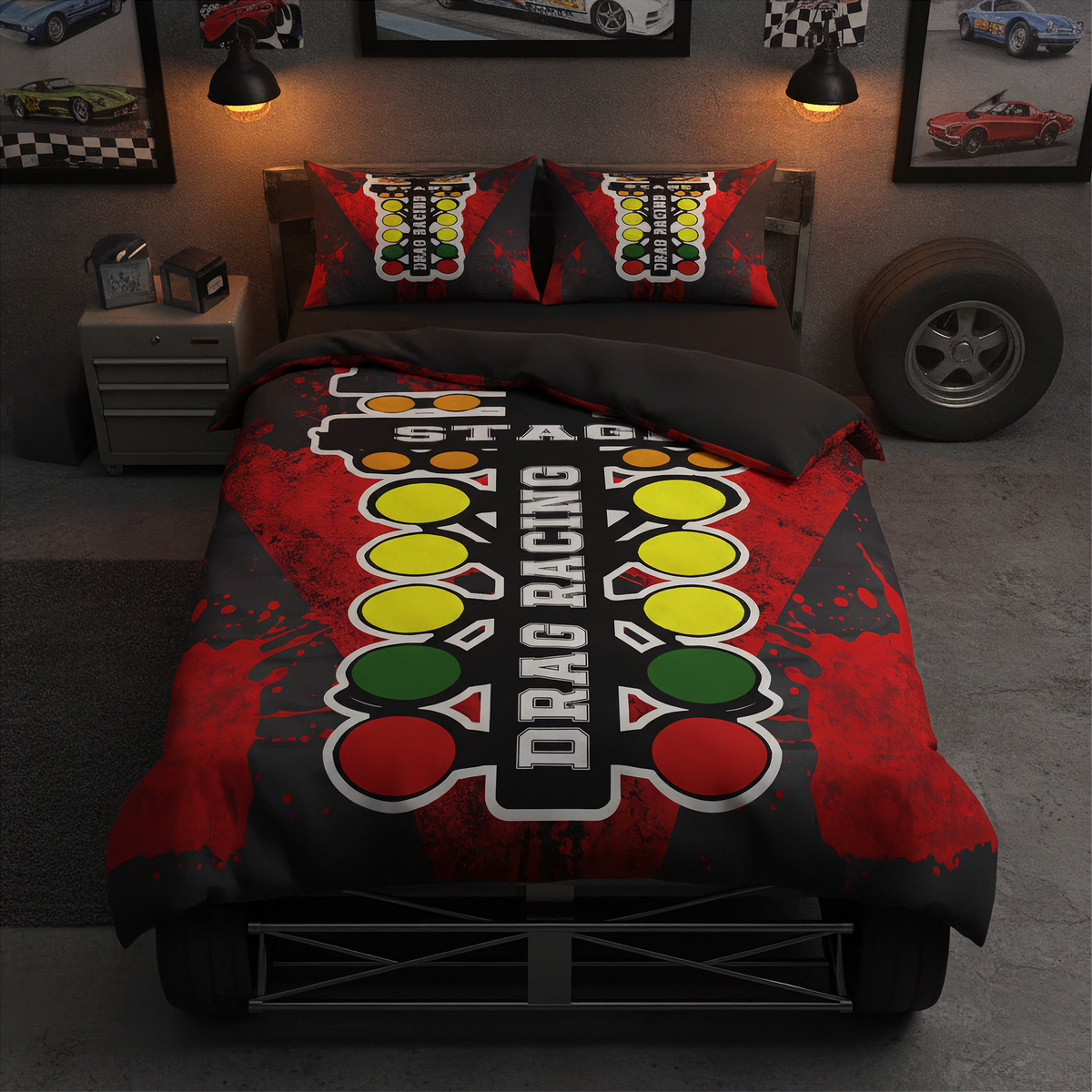 A racing-themed bedding set featuring a duvet cover and two pillowcases with a drag racing start line graphic in red, black, yellow, green, and white, displayed on a bed in a styled bedroom.