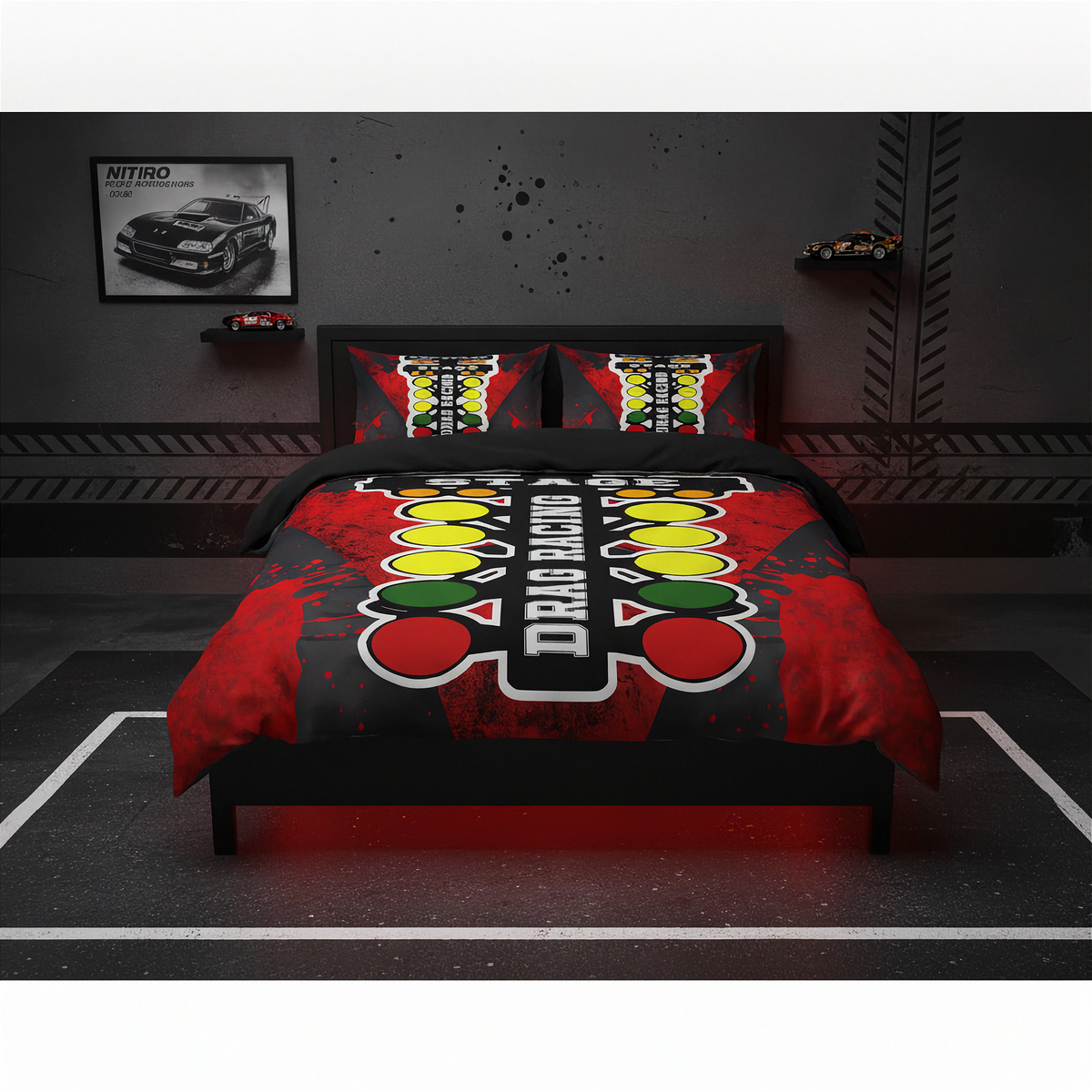 A racing-themed bedding set featuring a duvet cover and two pillowcases with a red, black, yellow, and green drag racing graphic, displayed on a bed in a dark, styled room.