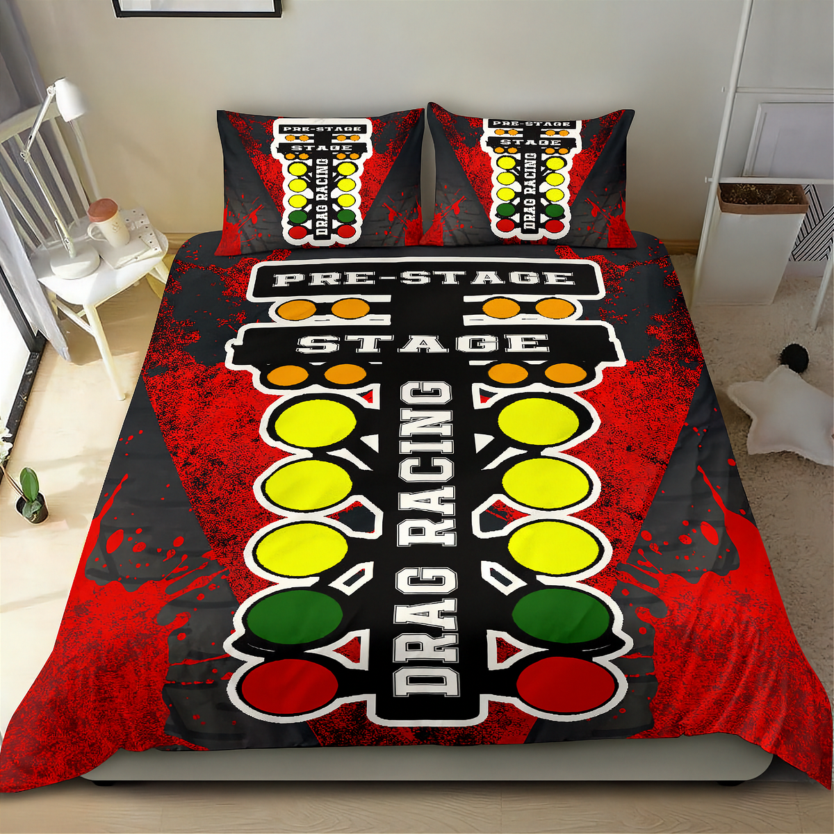 A bedding set featuring a duvet cover and two matching pillowcases with a drag racing start-line graphic, styled on a bed in a bedroom setting.