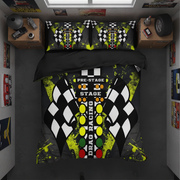 A racing-themed bedding set featuring a duvet cover and two pillowcases with a drag racing graphic design, displayed on a bed in a styled bedroom setting.