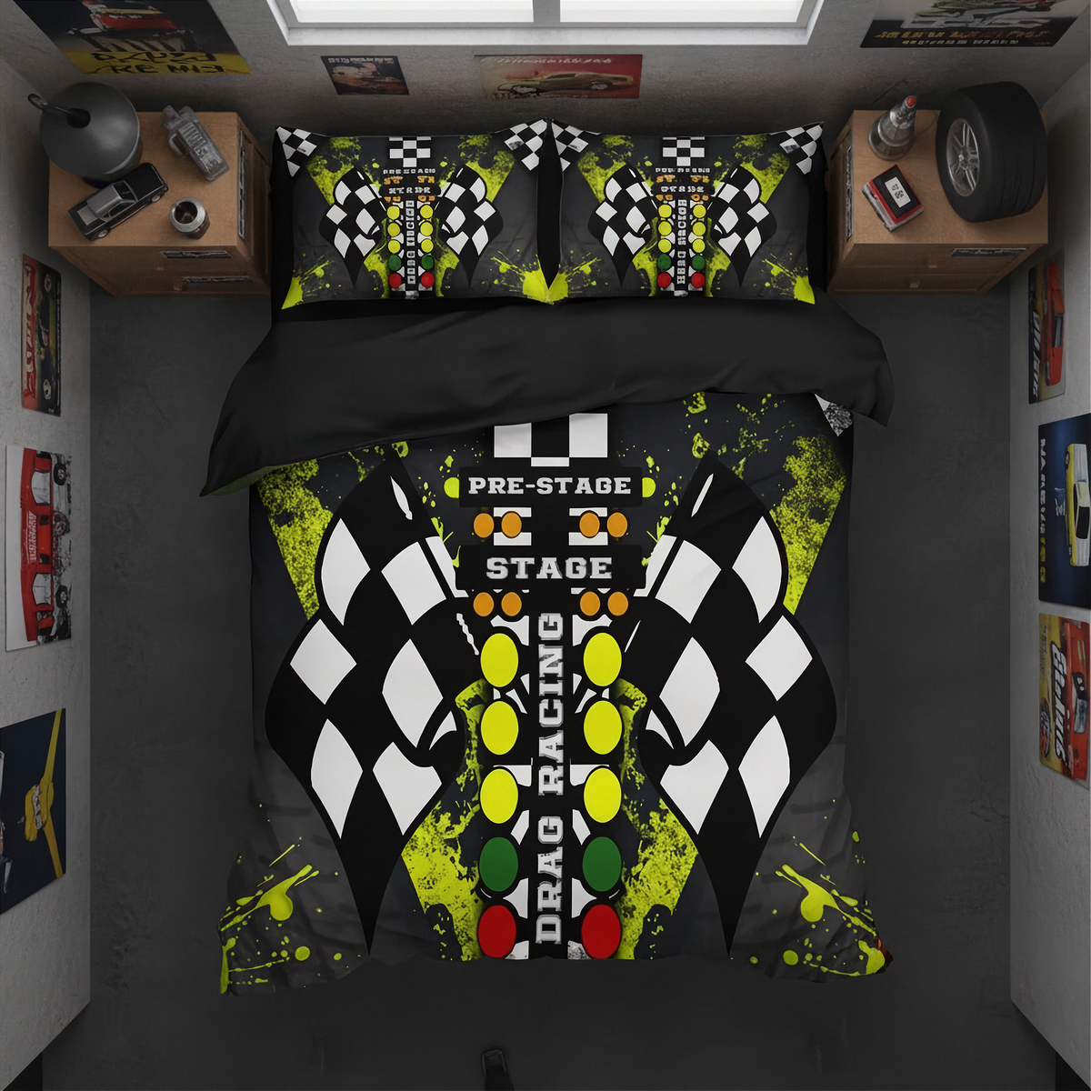 A racing-themed bedding set featuring a duvet cover and two pillowcases with a drag racing graphic design, displayed on a bed in a styled bedroom setting.