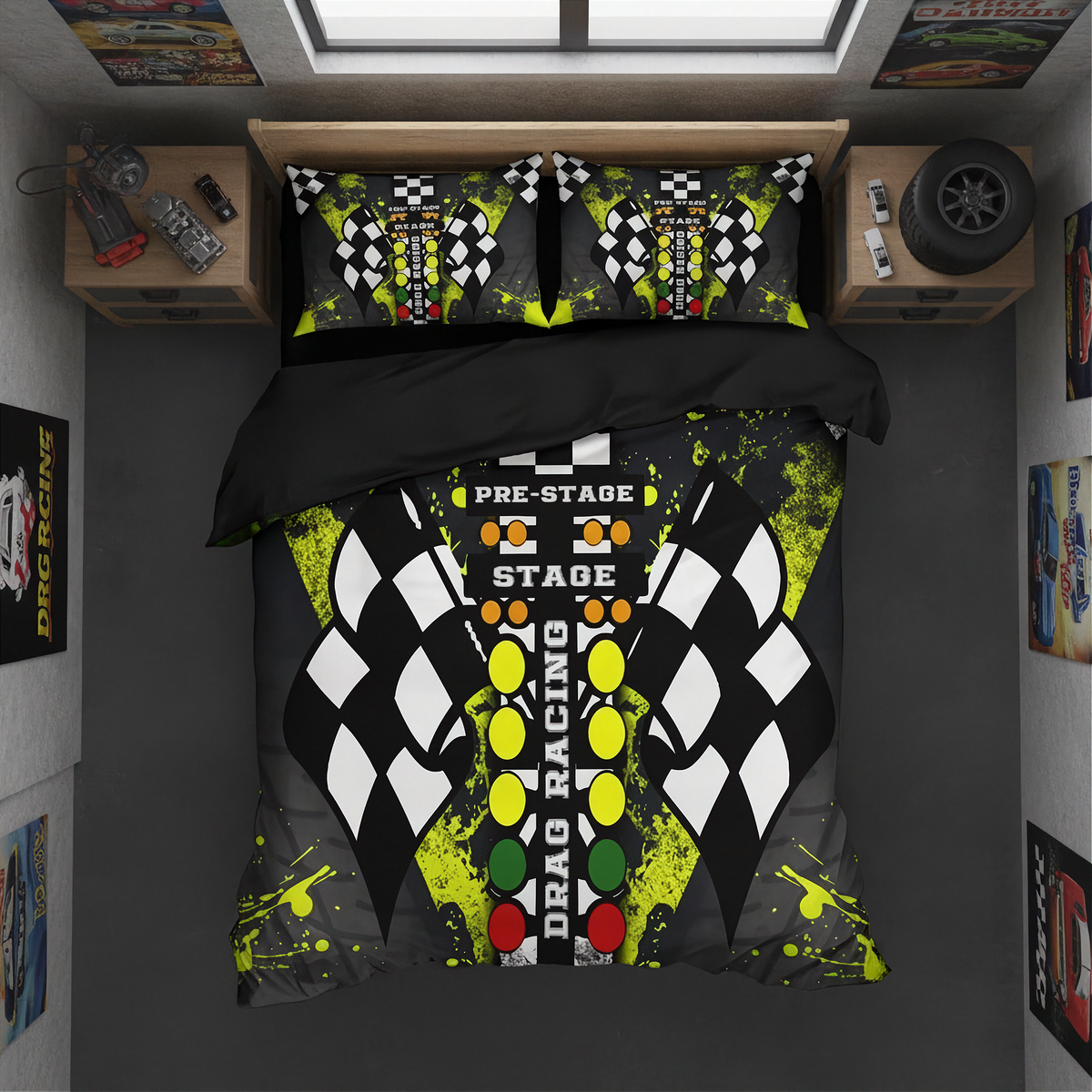 A racing-themed bedding set displayed on a bed in a modern, dark-themed room. The set includes a duvet cover and two matching pillowcases featuring a black and white checkered flag design, neon yellow paint splatters, and a vertical track button graphic with 'PRE-STAGE', 'STAGE', and 'DRAG RACING' text.
