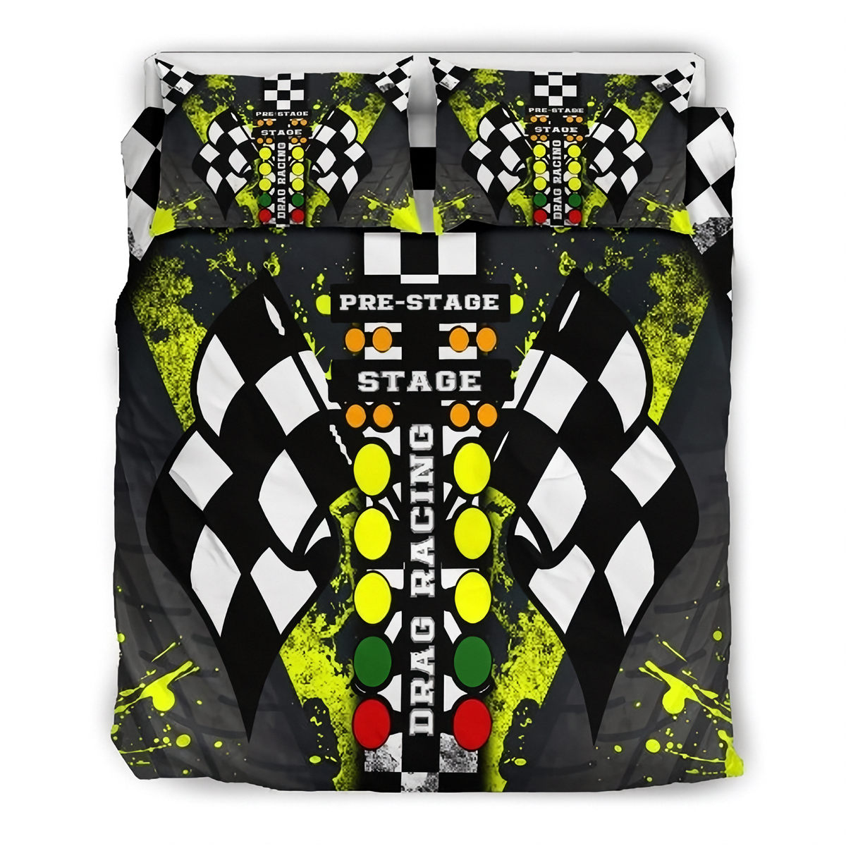 A racing-themed bedding set featuring a duvet cover and two matching pillowcases with a bold graphic design. The design includes black and white checkered flags, a vertical 'DRAG RACING' sign, colorful traffic light buttons, and neon yellow paint splatters on a dark background.