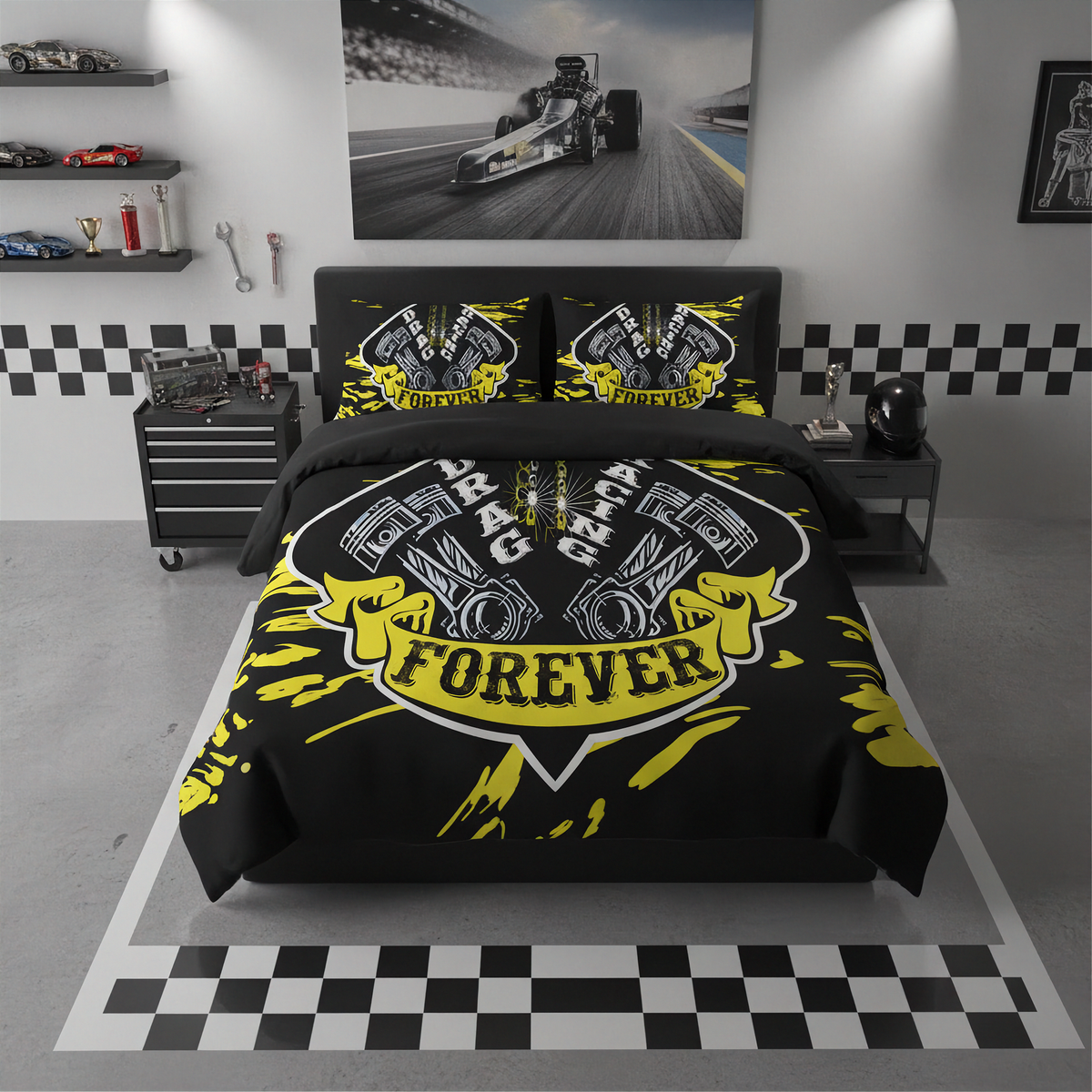 A black bedding set with a bold yellow and white racing graphic print, styled on a bed in a modern gray garage-themed bedroom setting.