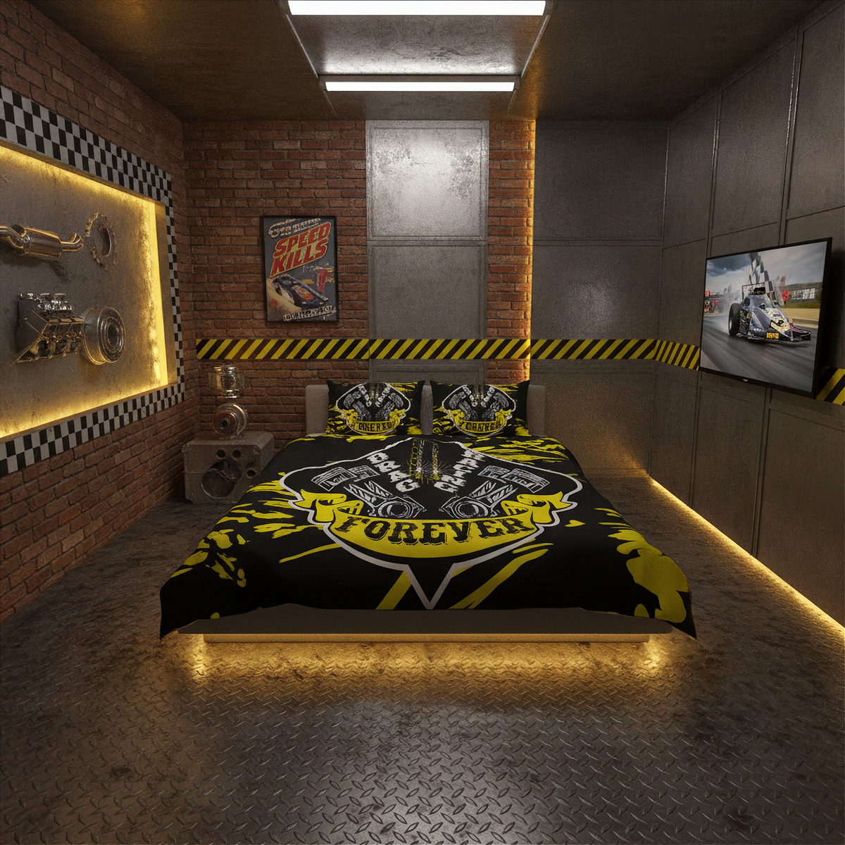 A racing-themed bedding set displayed on a bed in a modern industrial-style bedroom. The duvet cover and matching pillowcases feature a bold black and yellow design with a central graphic of two pistons and the word 'FOREVER'.