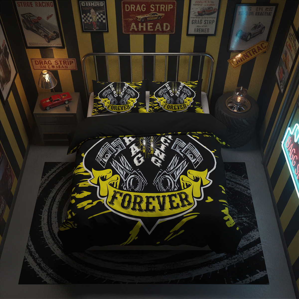 A racing-themed bedding set featuring a duvet cover and two pillowcases with a black and yellow engine graphic and the words 'ENGINE FOREVER' and 'RALLYE', styled in a dark room with racing posters and a toy car.