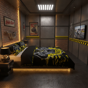 A styled industrial-themed bedroom featuring a bed dressed in a black and yellow racing graphic duvet cover and matching pillow shams, set against a dark metallic paneled wall with brick accents and racing posters.