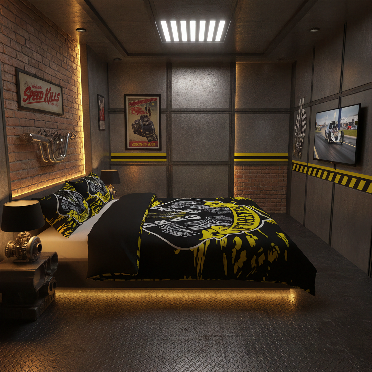 A styled industrial-themed bedroom featuring a bed dressed in a black and yellow racing graphic duvet cover and matching pillow shams, set against a dark metallic paneled wall with brick accents and racing posters.