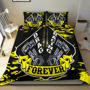 A bedding set featuring a black duvet cover and two matching pillowcases with a bold yellow and white 'Brake Racing Forever' graphic design, displayed on a bed in a bedroom setting.