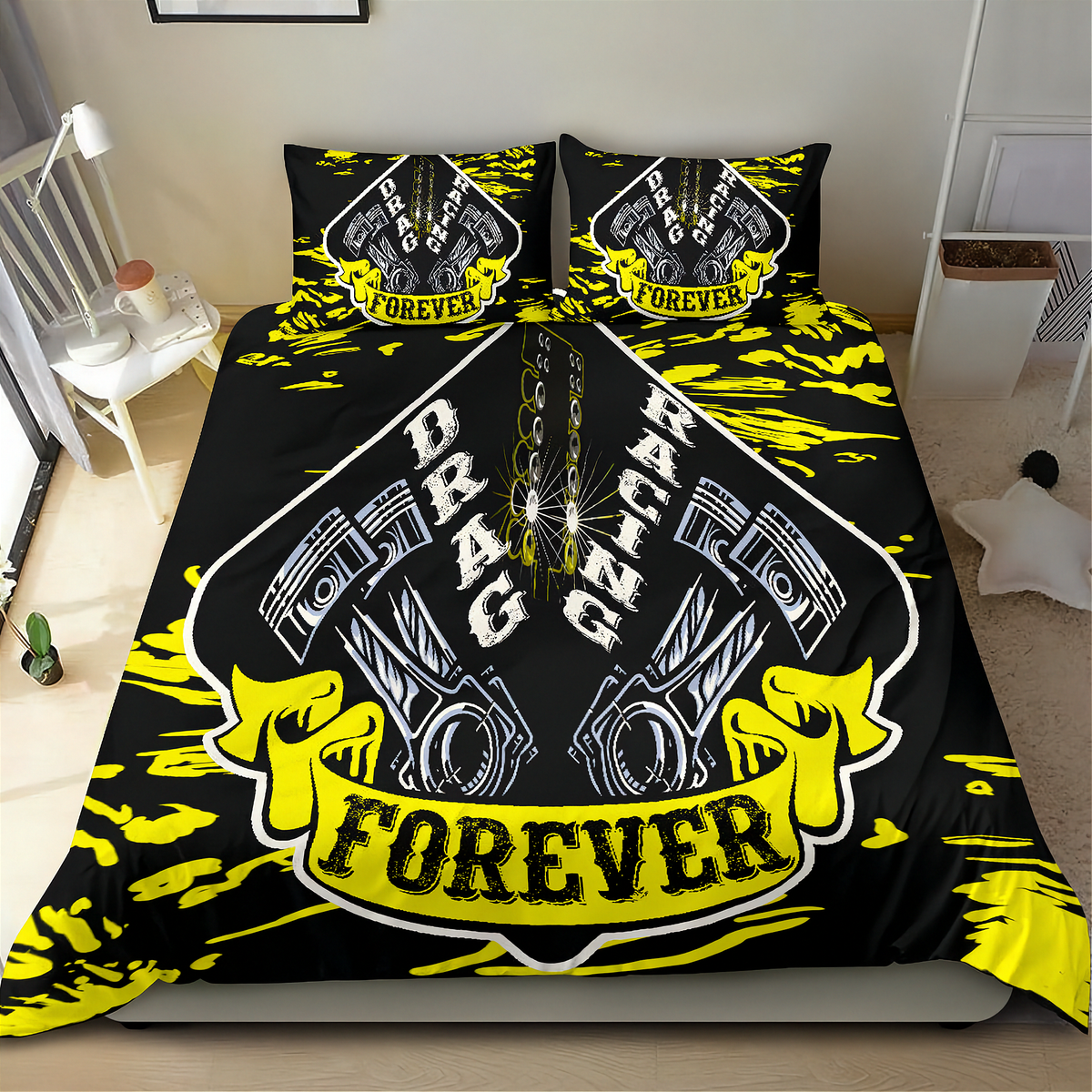 A bedding set featuring a black duvet cover and two matching pillowcases with a bold yellow and white 'Brake Racing Forever' graphic design, displayed on a bed in a bedroom setting.