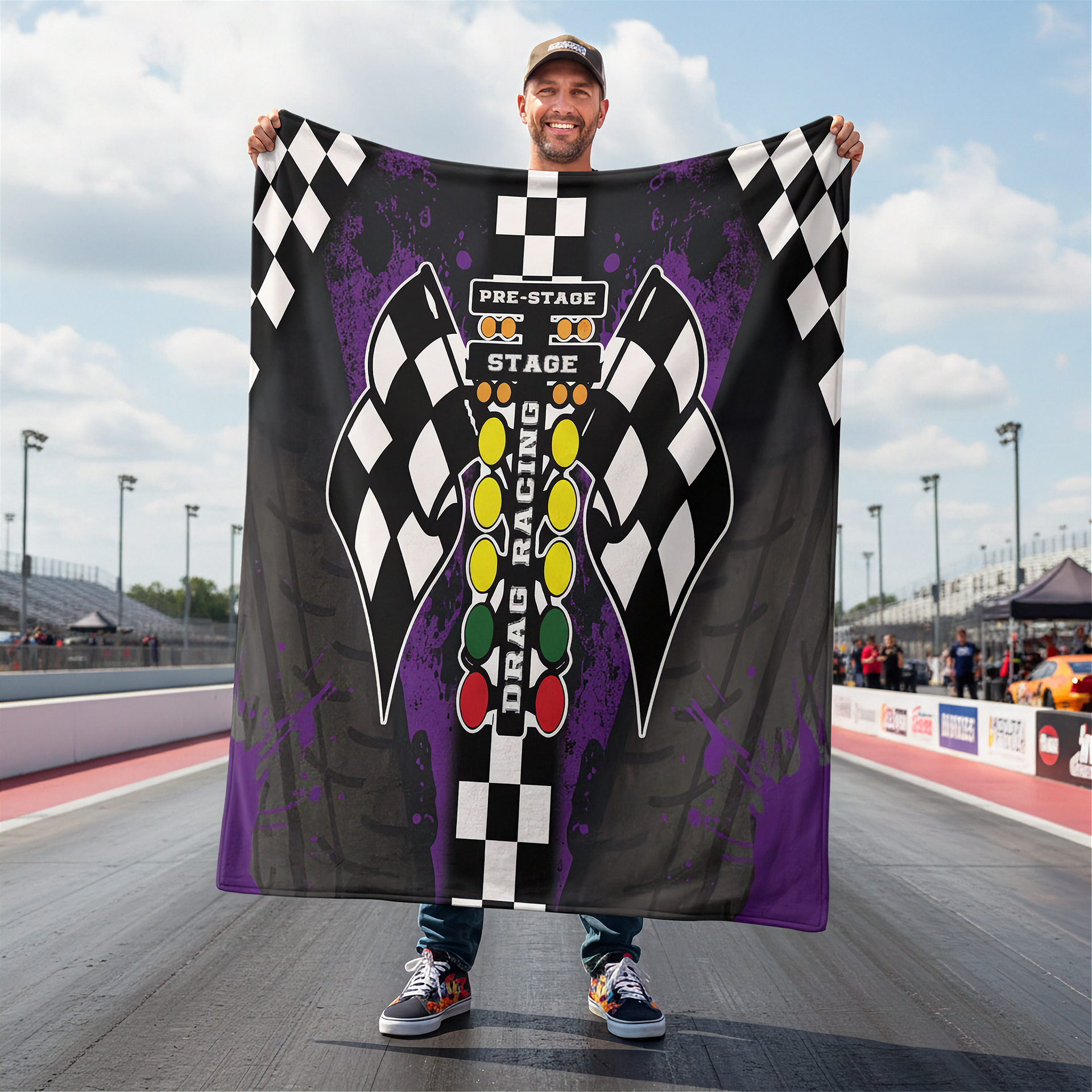 Man holding a drag racing themed blanket on a race track