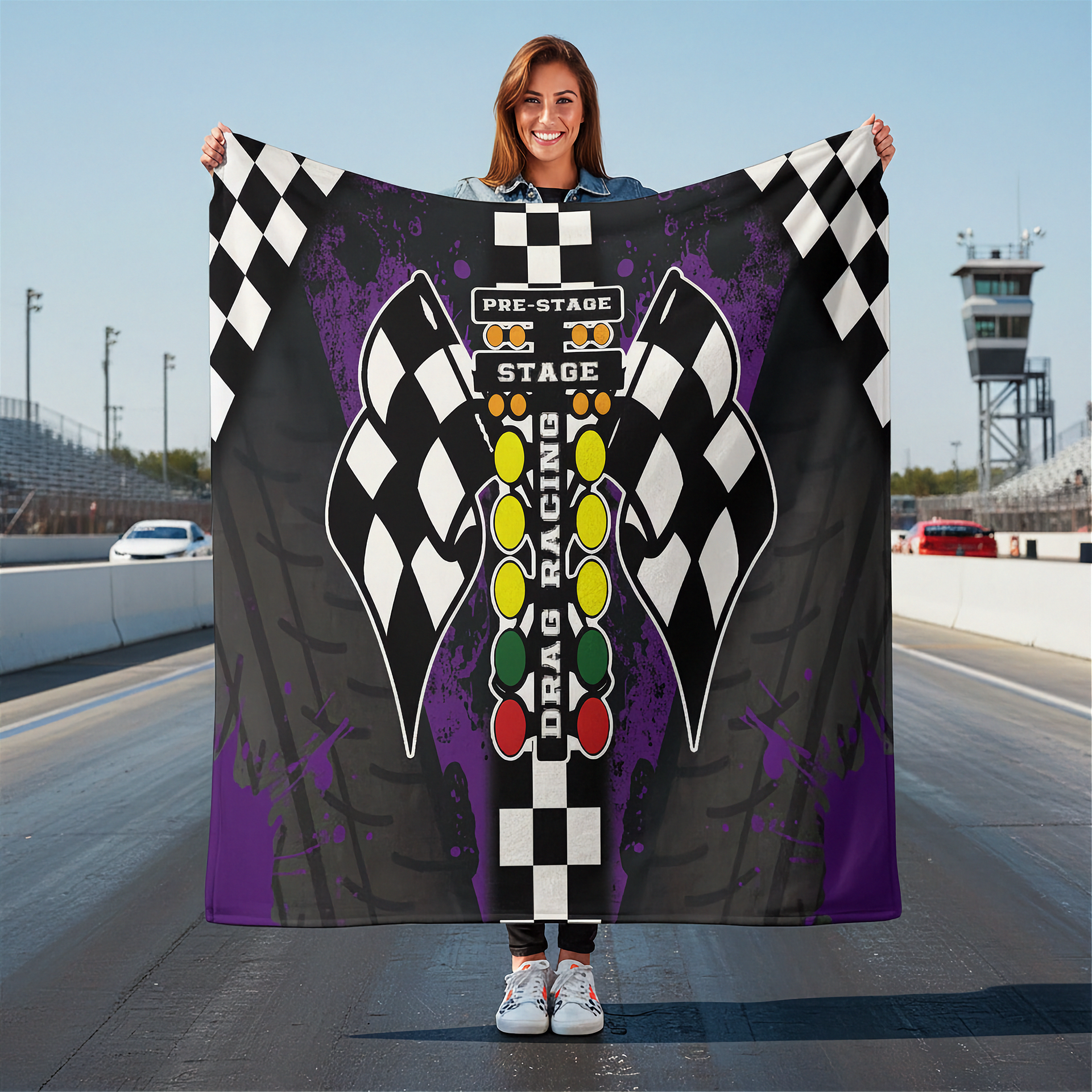 woman holding a drag racing themed blanket on a race track