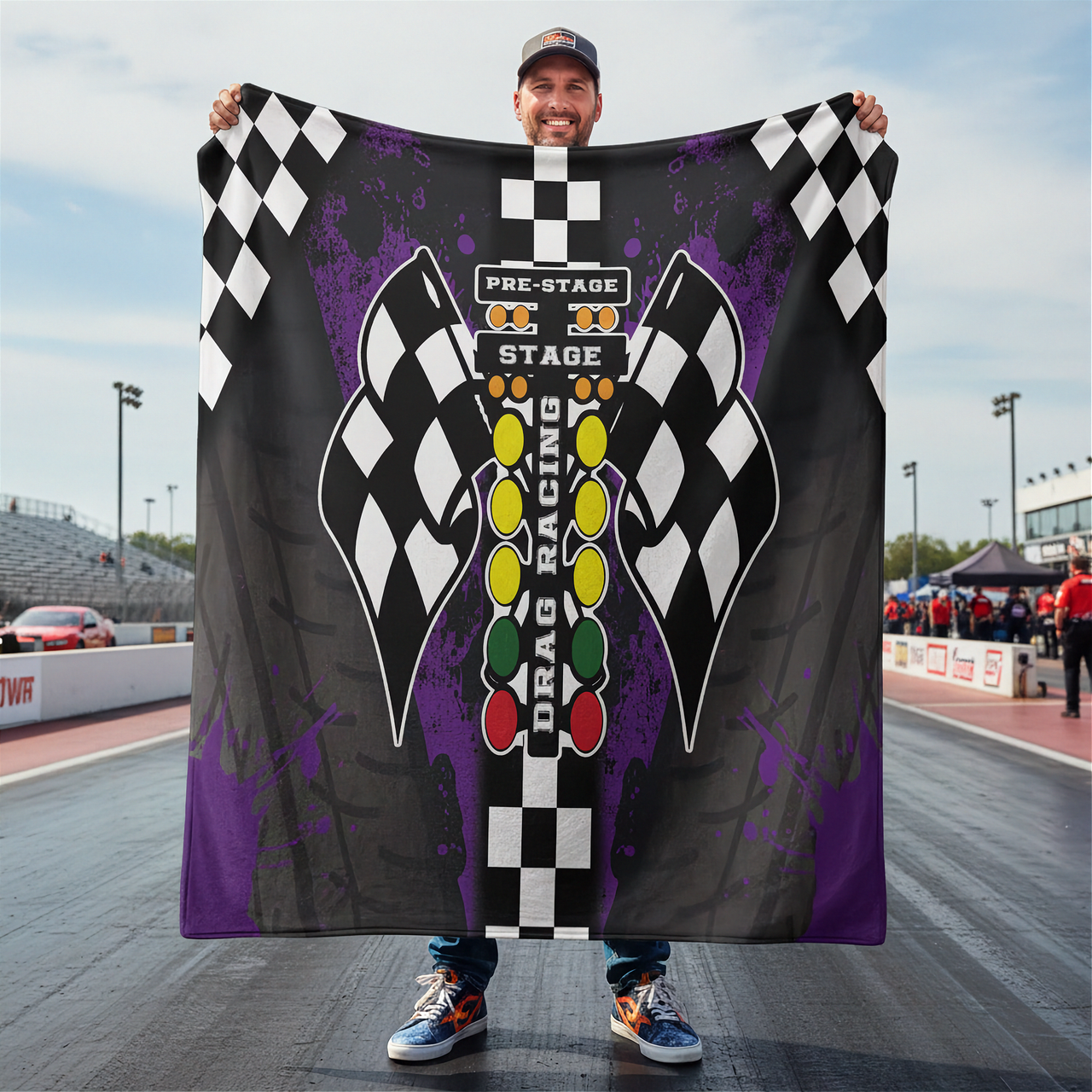 Person holding a large drag racing-themed blanket with checkered flags and race car elements at a race track.