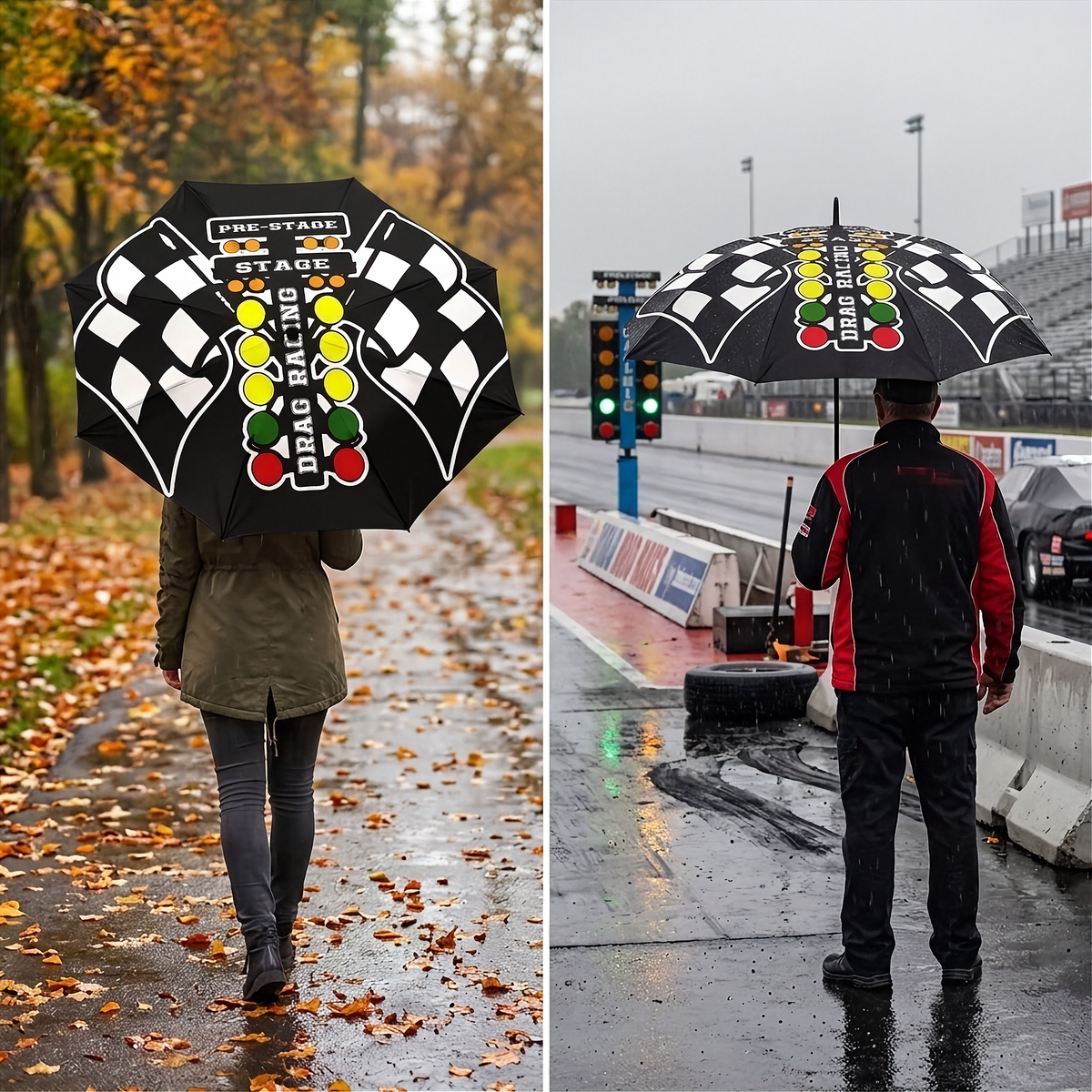 a man and woman holding a drag racing umbrella