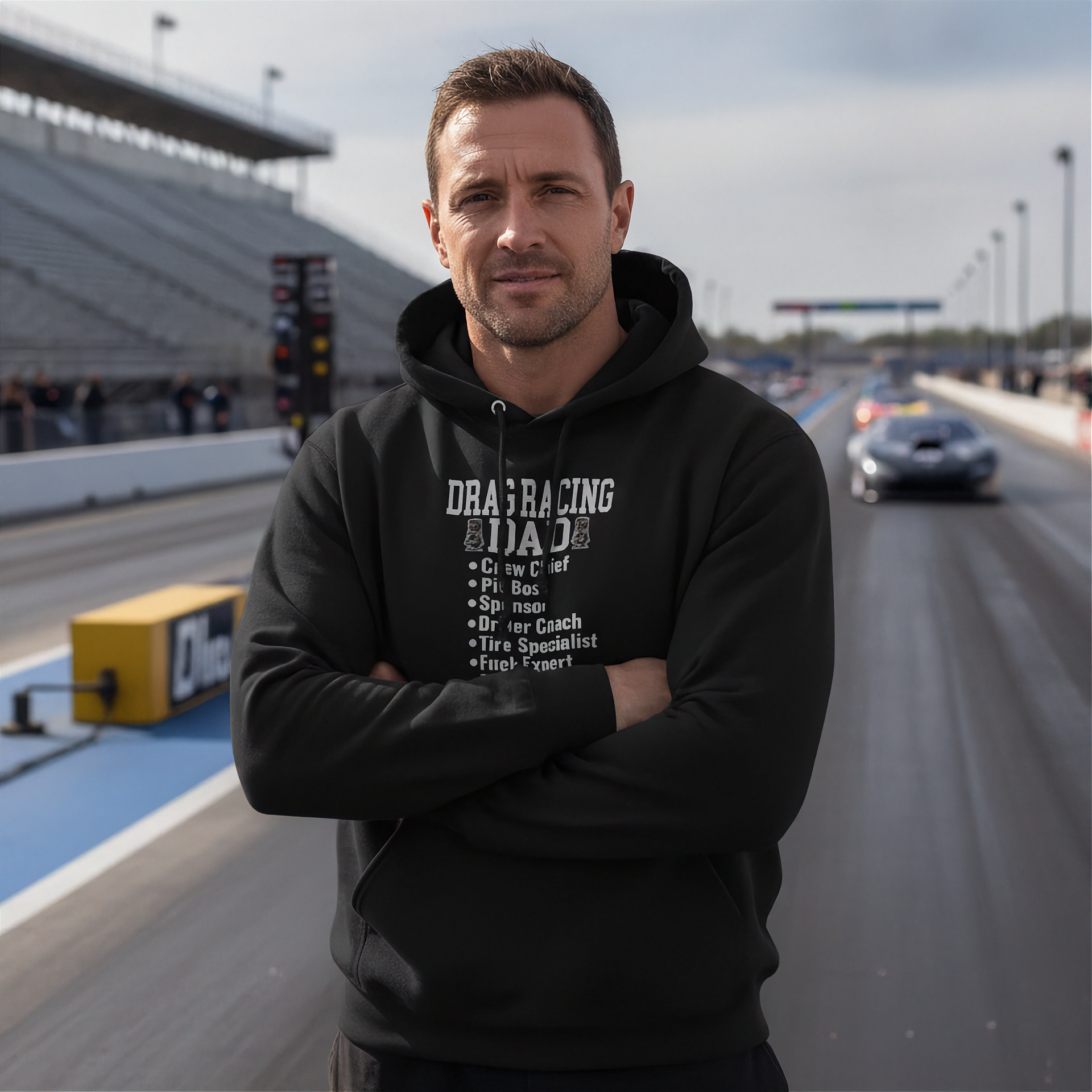 Man wearing a black hoodie with drag racing dad on a race track