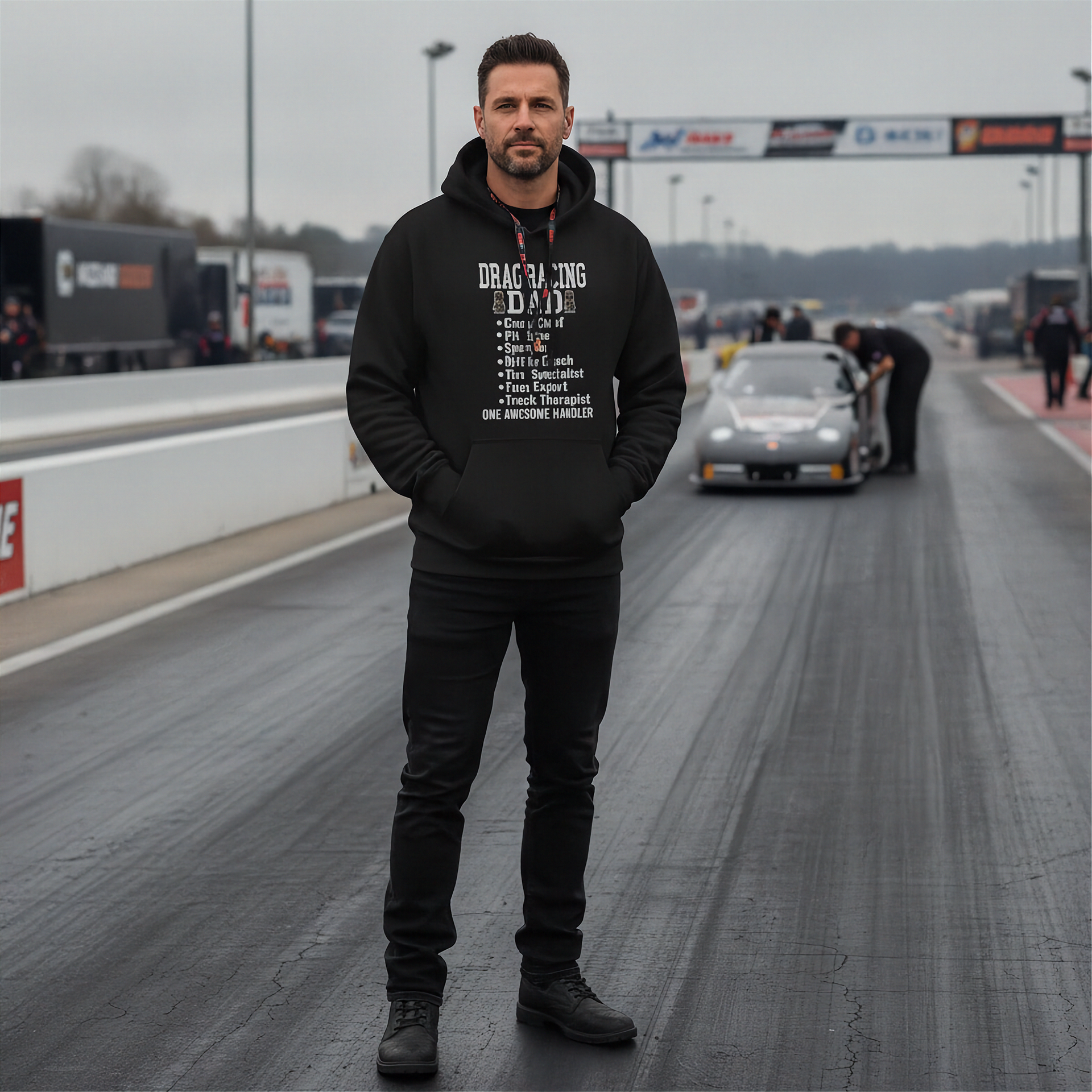 Man wearing a hoodie with drag racing dad on a race track