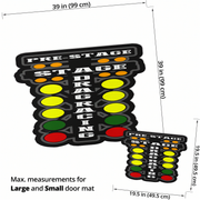 Colorful 'Pre Stage Drag Racing' door mat with measurements on a white background