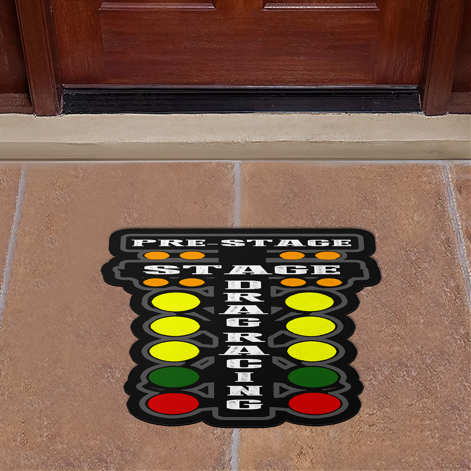 Doormat with 'Pre Stage Stage Drag Racing' text and traffic light design on a tiled floor.