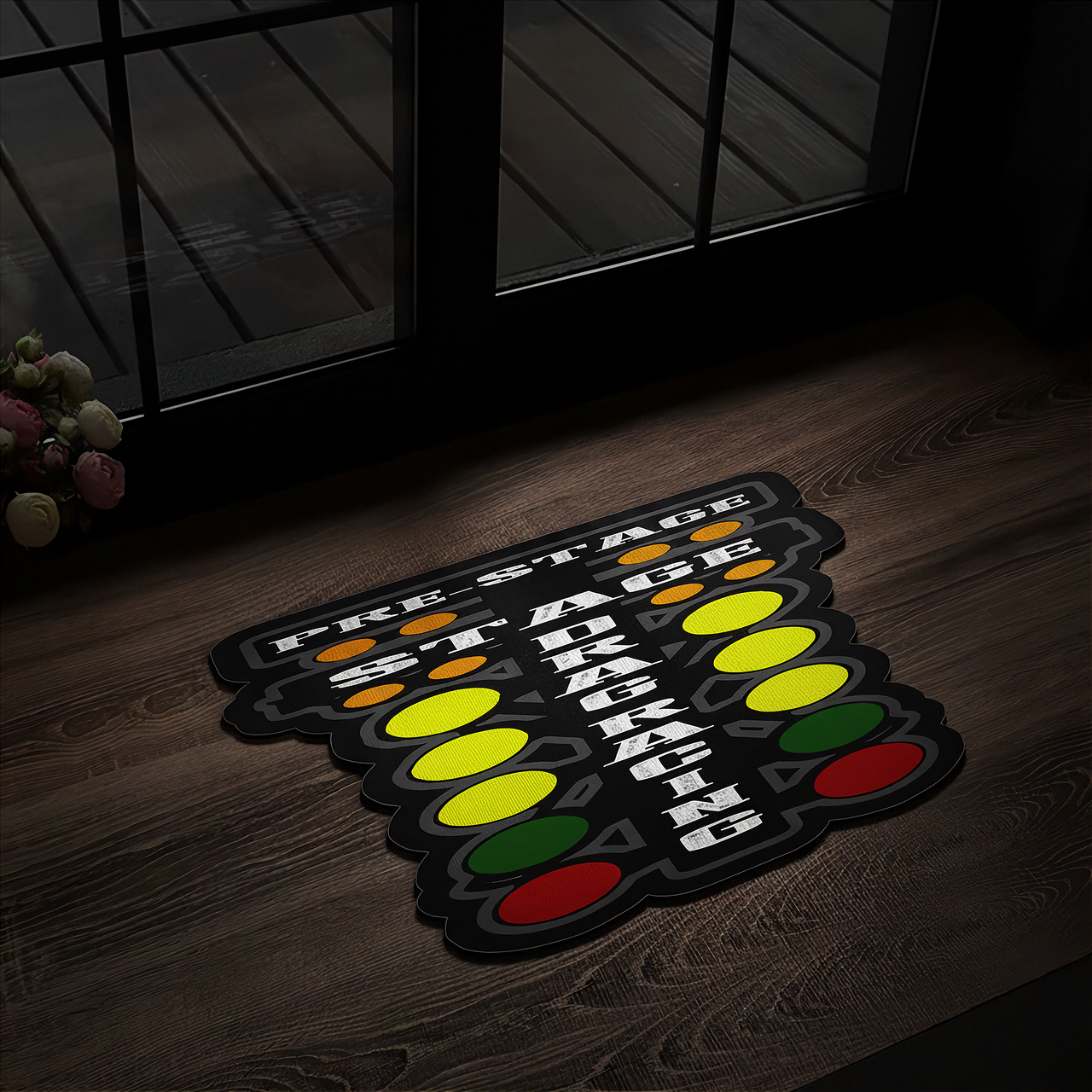 Set of traffic light-themed coasters on a wooden surface with a dark background.