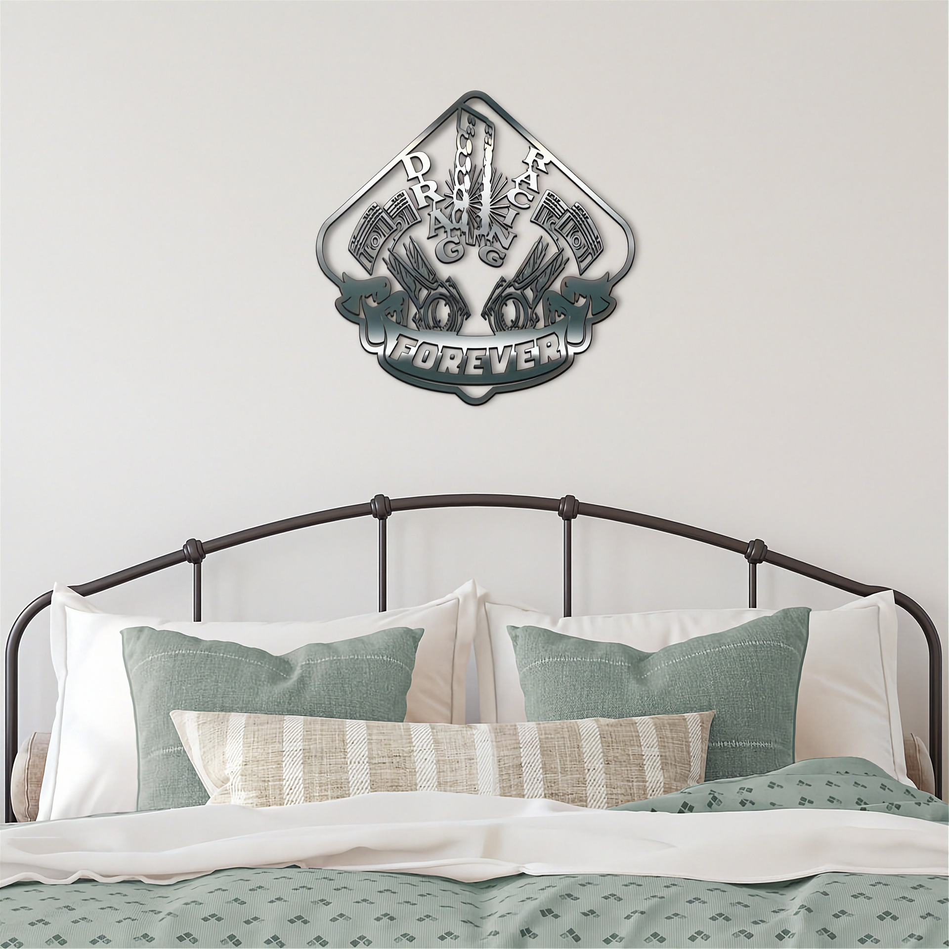 Decorative metal wall art above a bed with white bedding and green pillows.