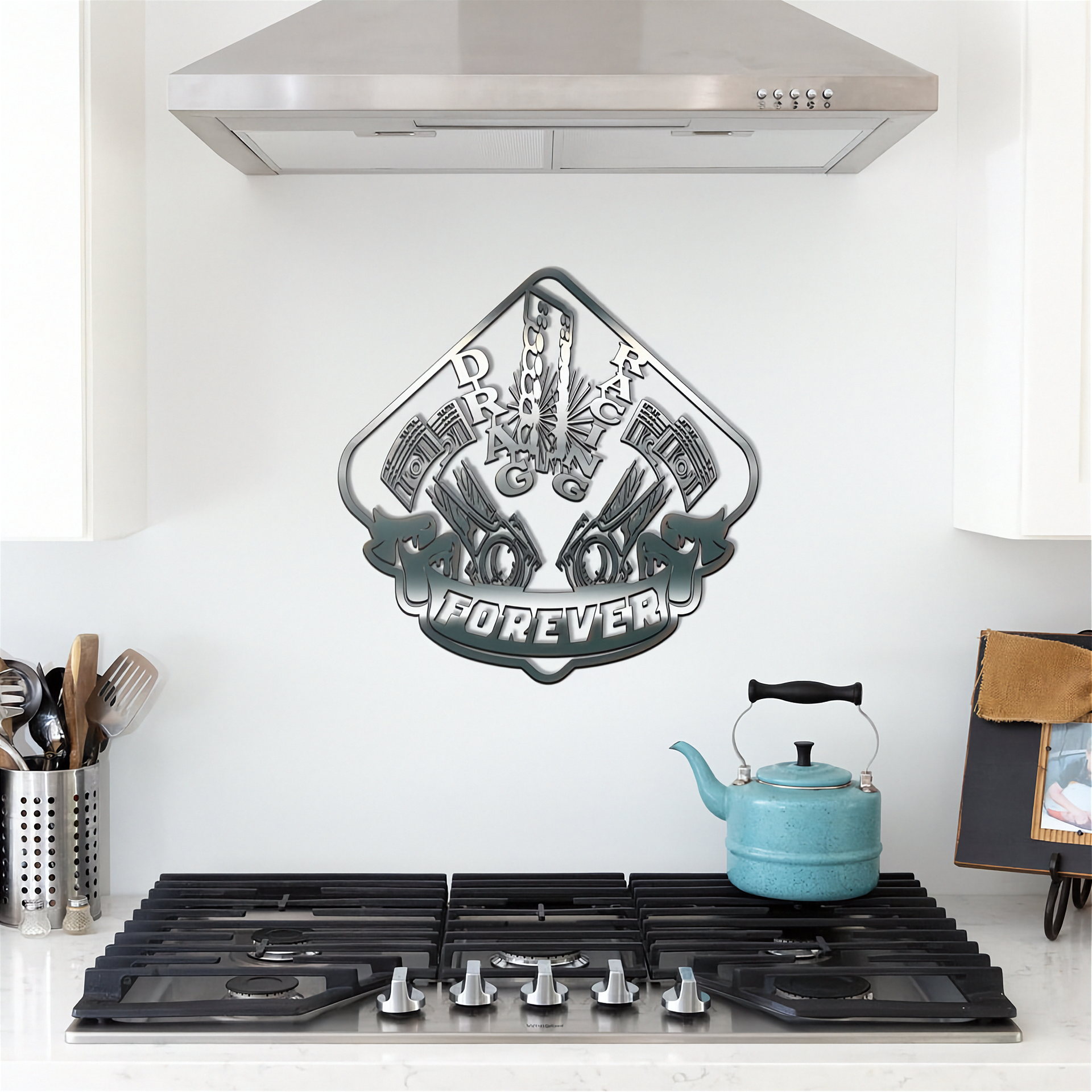 Decorative drag racing metal wall art above a stove in a kitchen