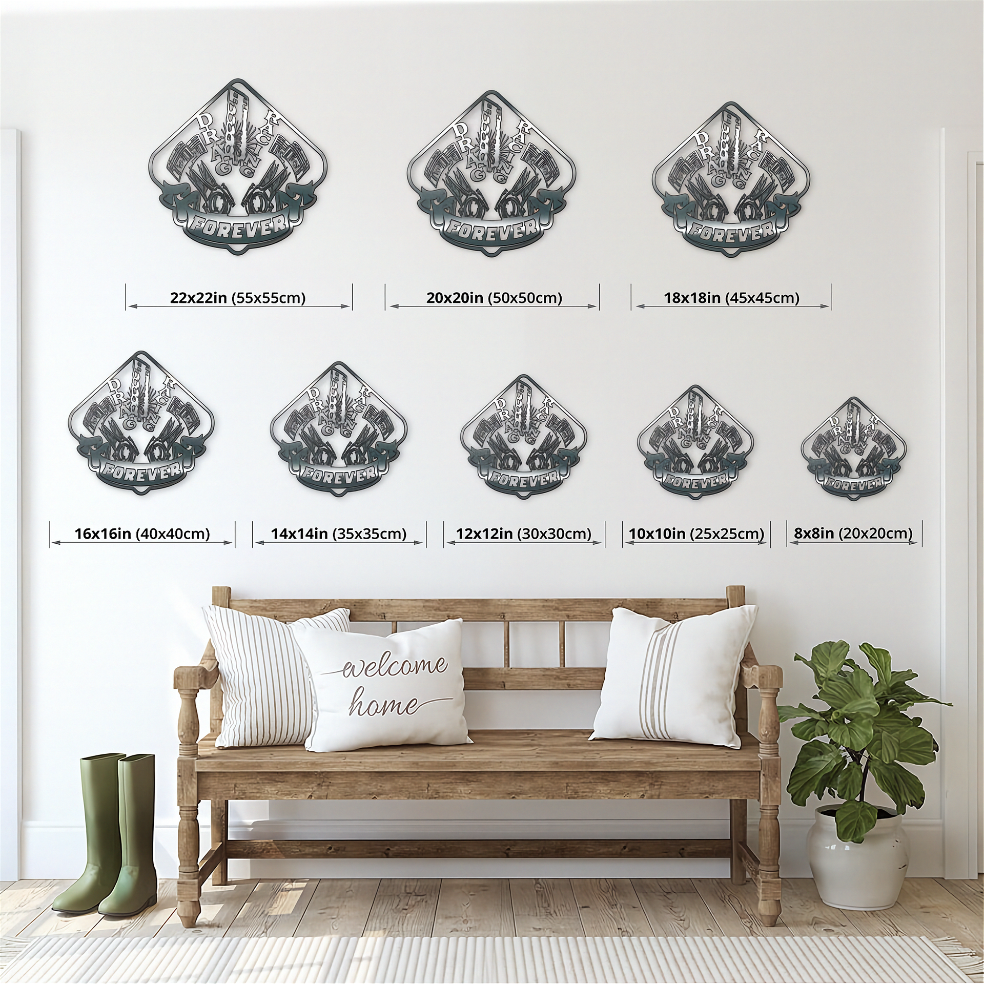 Decorative drag racing wall art pieces with measurements displayed on a wall above a wooden bench.