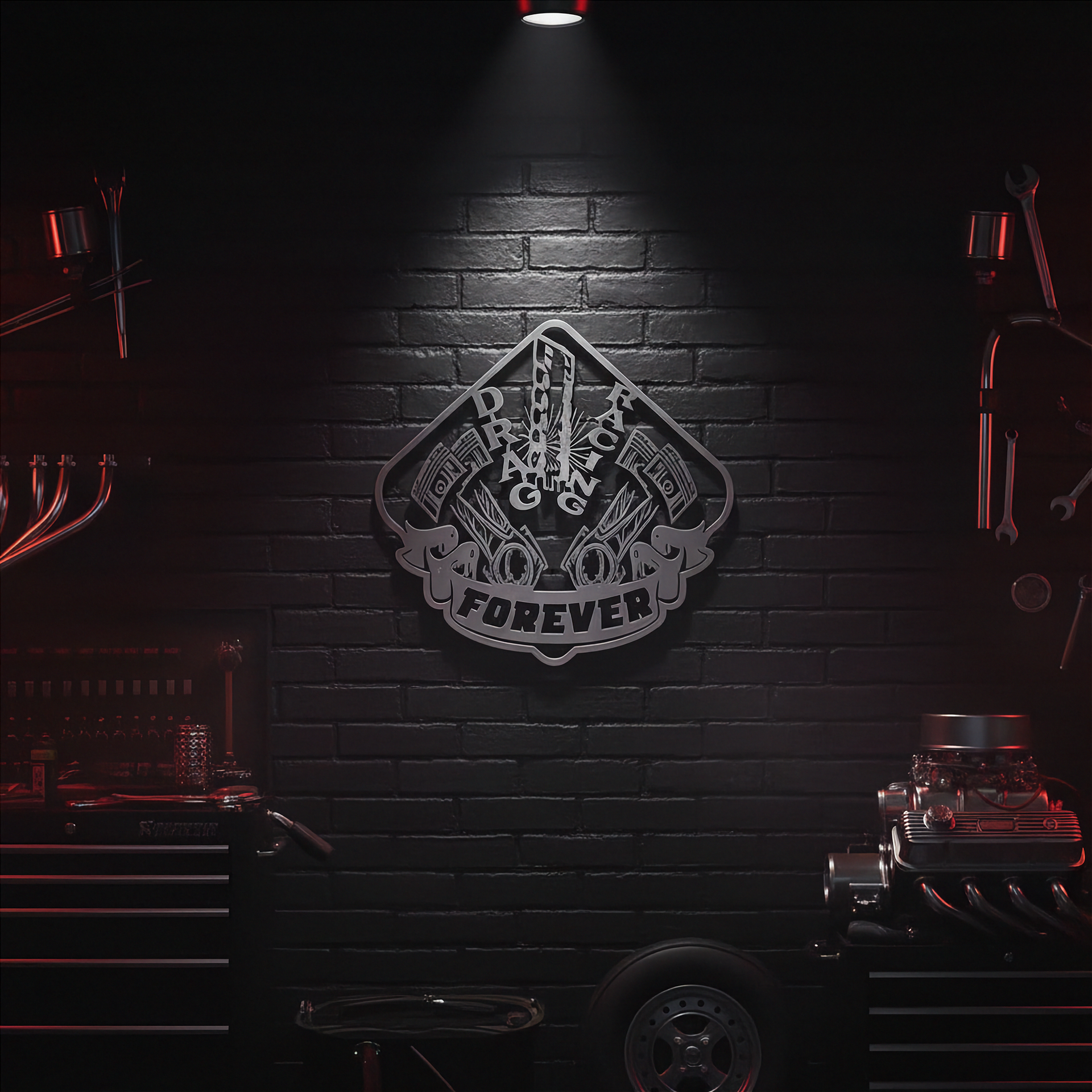 Metallic emblem with  drag racing on a black brick wall in a dimly lit room with tools.