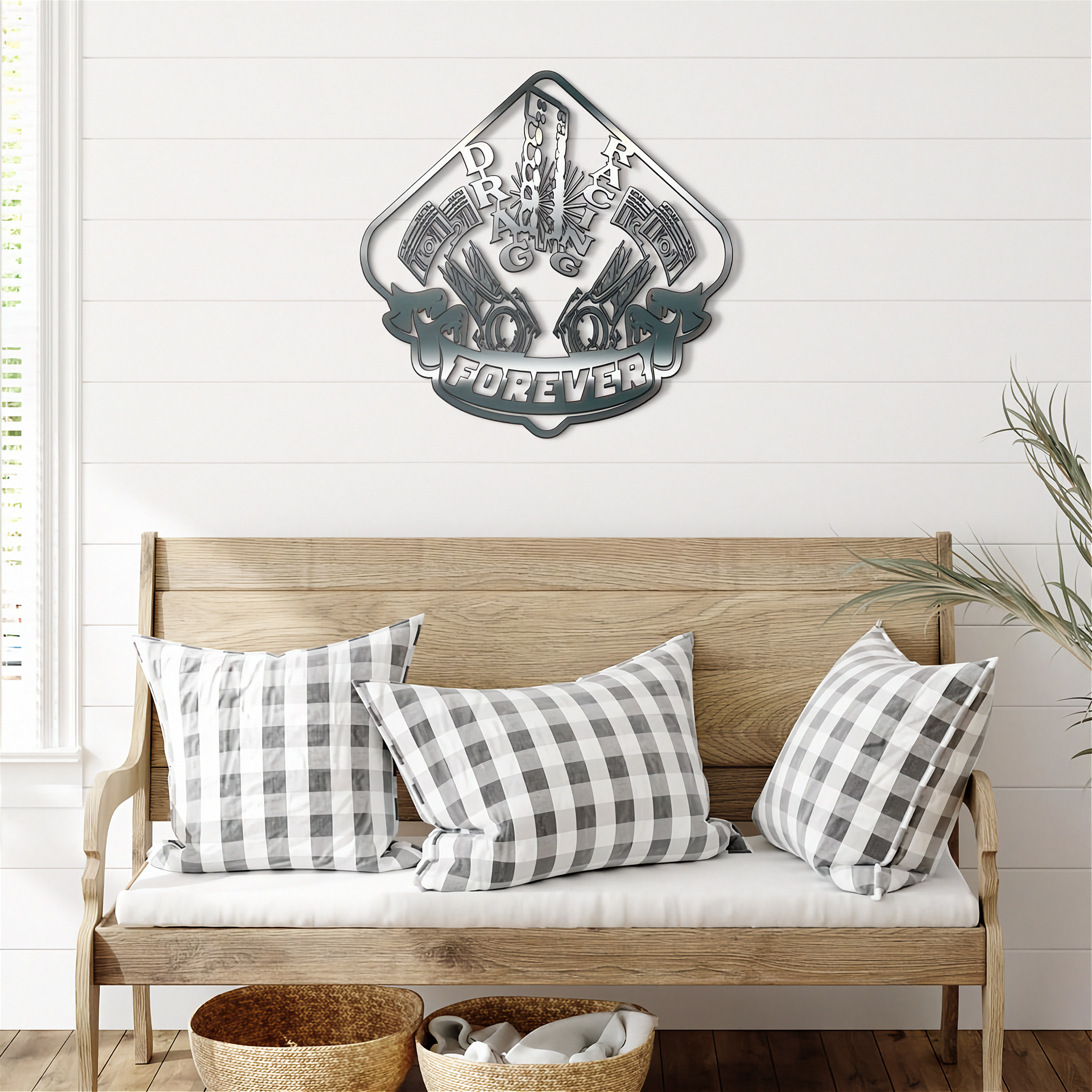 Decorative drag racing wall art above a wooden bench with checkered cushions in a room.